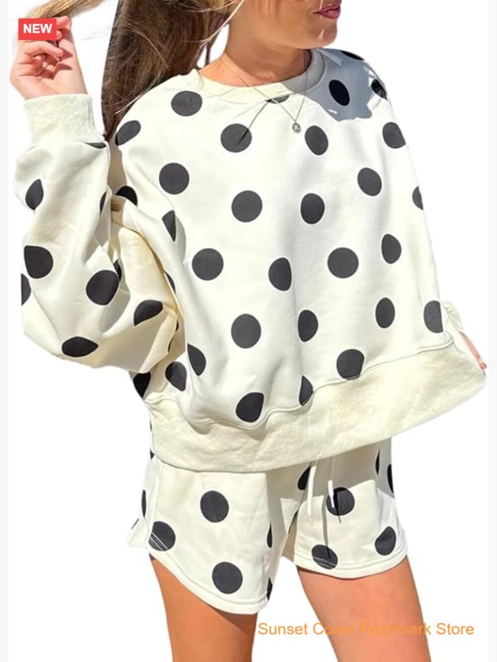 Womens Two Piece Lounge Sets Polka Dot Print Drop Shoulder Oversized Pullover